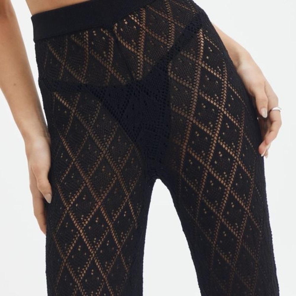 Sheer Black Crochet Knit High-Waist Wide Leg Pants